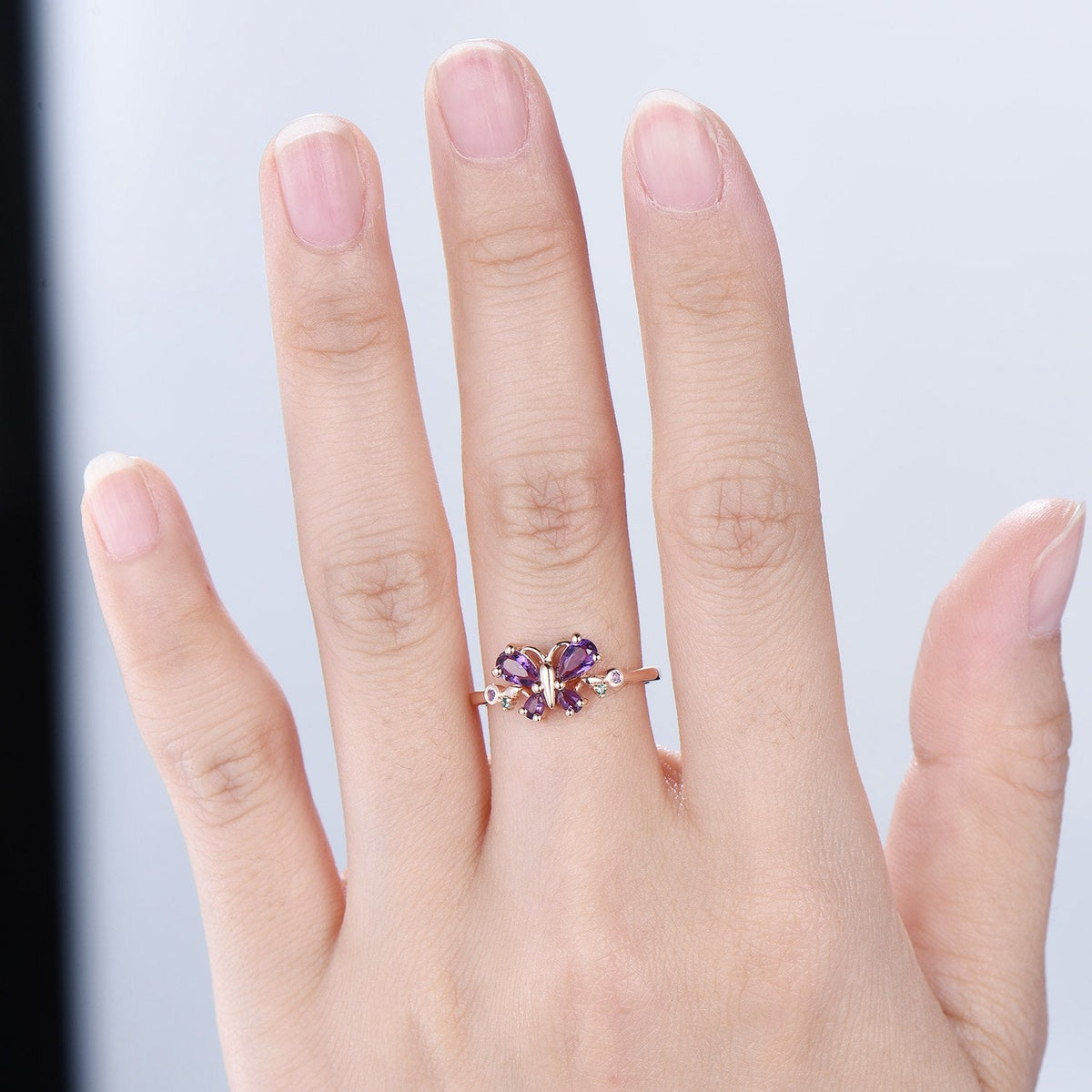 Unique Butterfly Ring Amethyst Engagement Ring teardrop amethyst silver rose gold flower promise ring emerald anniversary gift women