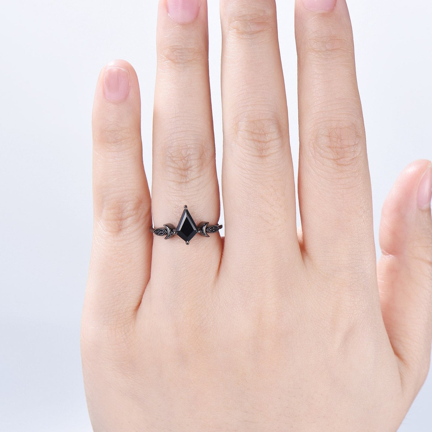Minimalist Black Gold Black Onyx Engagement Ring Kite Cut Moon Wedding Ring Art Deco Milgrain Black Gemstone Anniversary Gift For Women