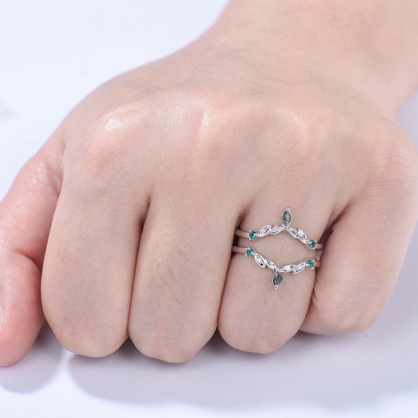 Moss Agate Marquise Wedding Band, Emerald Enhancer Ring, Solid Gold