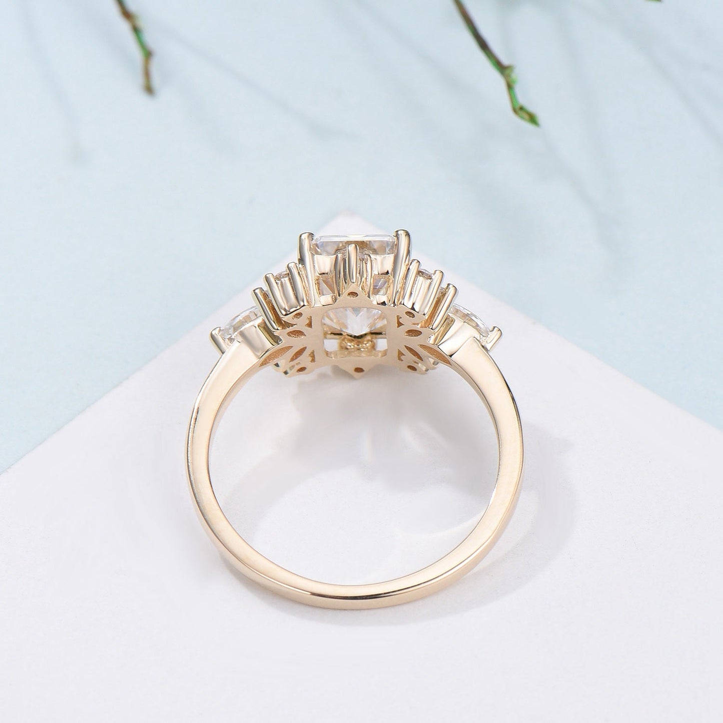 Custom Halo Emerald Cut Moissanite Engagement Ring 14K Yellow Gold Cluster Marquise Moissanite Wedding Ring Unique Anniversary Promise Gift