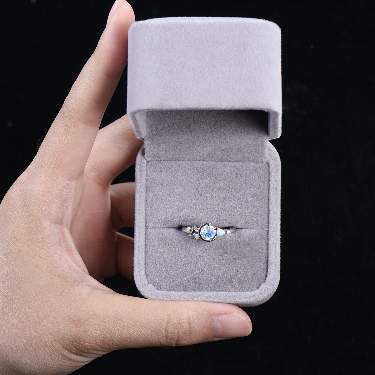 Unique 5mm Round Natural Rainbow Moonstone Opal Cluster Celestial Moon Wedding Ring