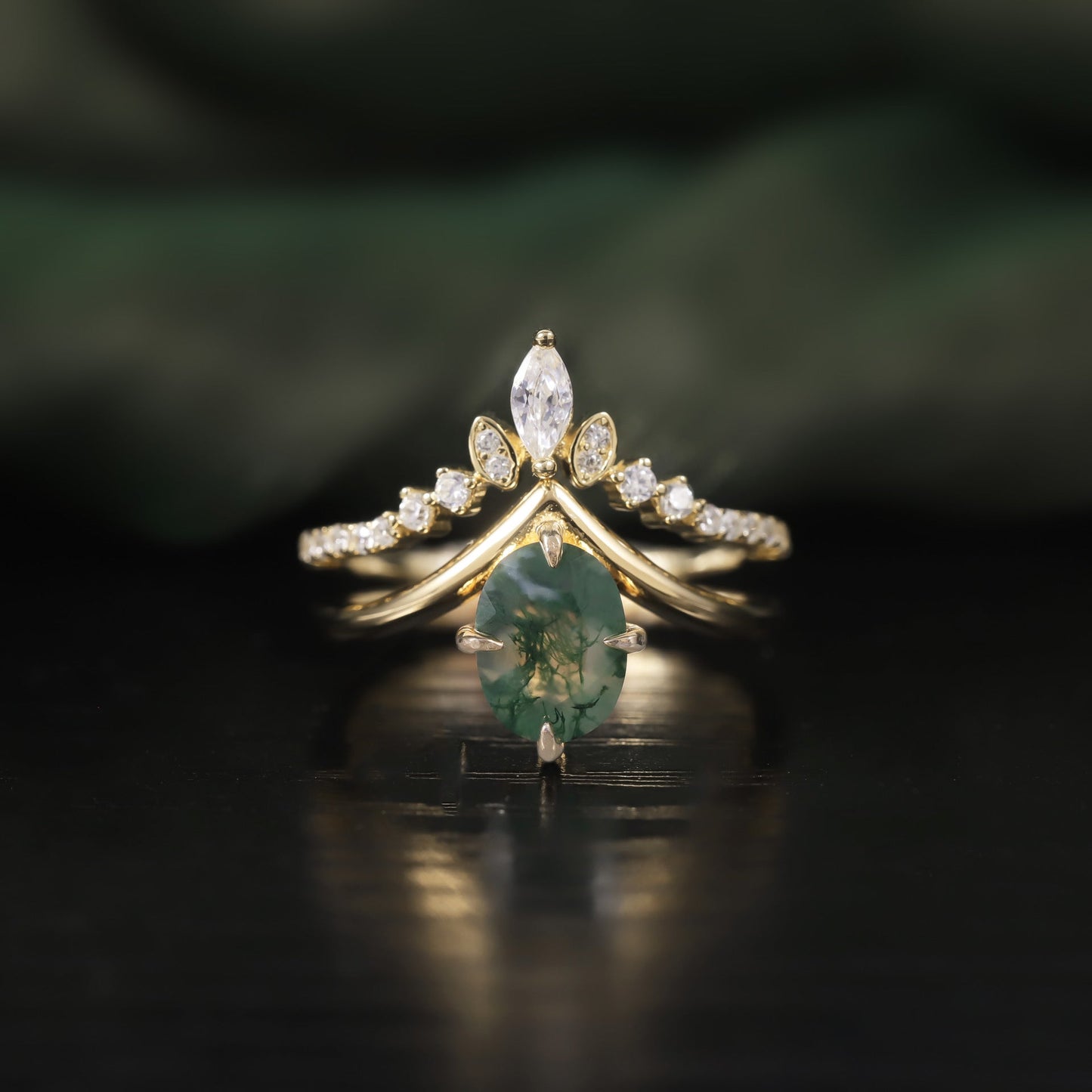 Unique Oval Moss Agate Stacking Engagement Ring