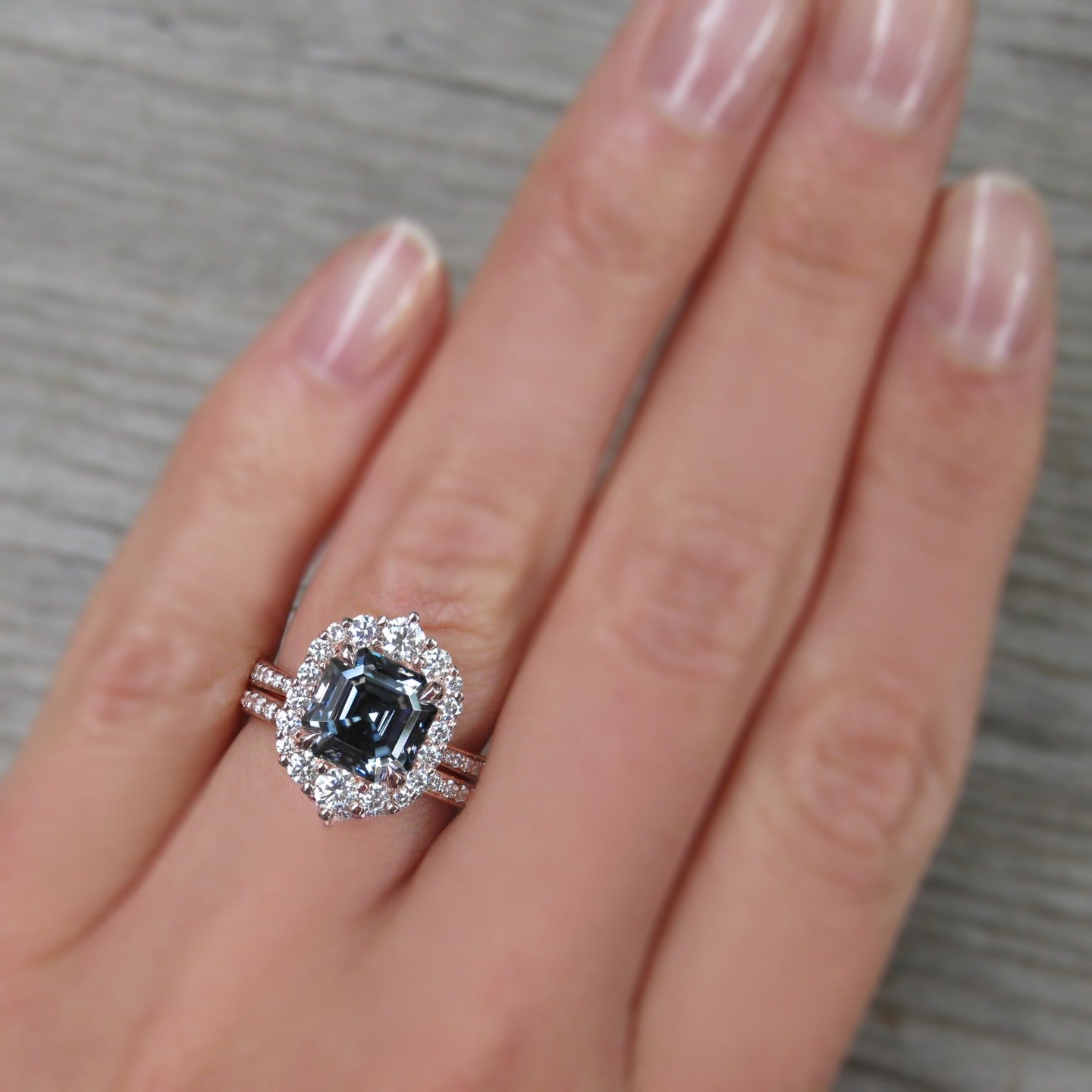 ・ROSALIND・Asscher Iconic™ Dark Grey Moissanite Center, Diamond Halo (2.8ctw+)
