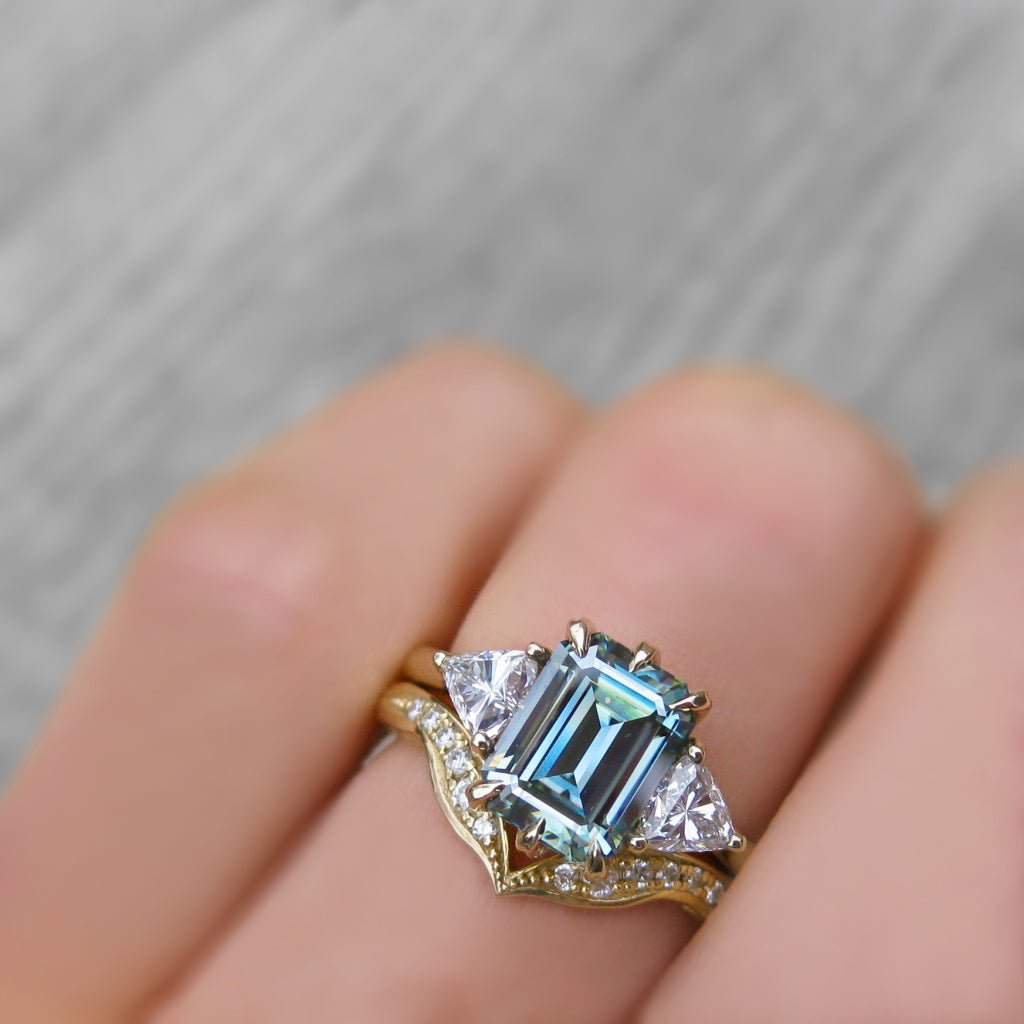 ・AVERY・Emerald Cut Aqua-Teal Iconic™ Moissanite Center, Trillion Diamonds (2.17ctw)