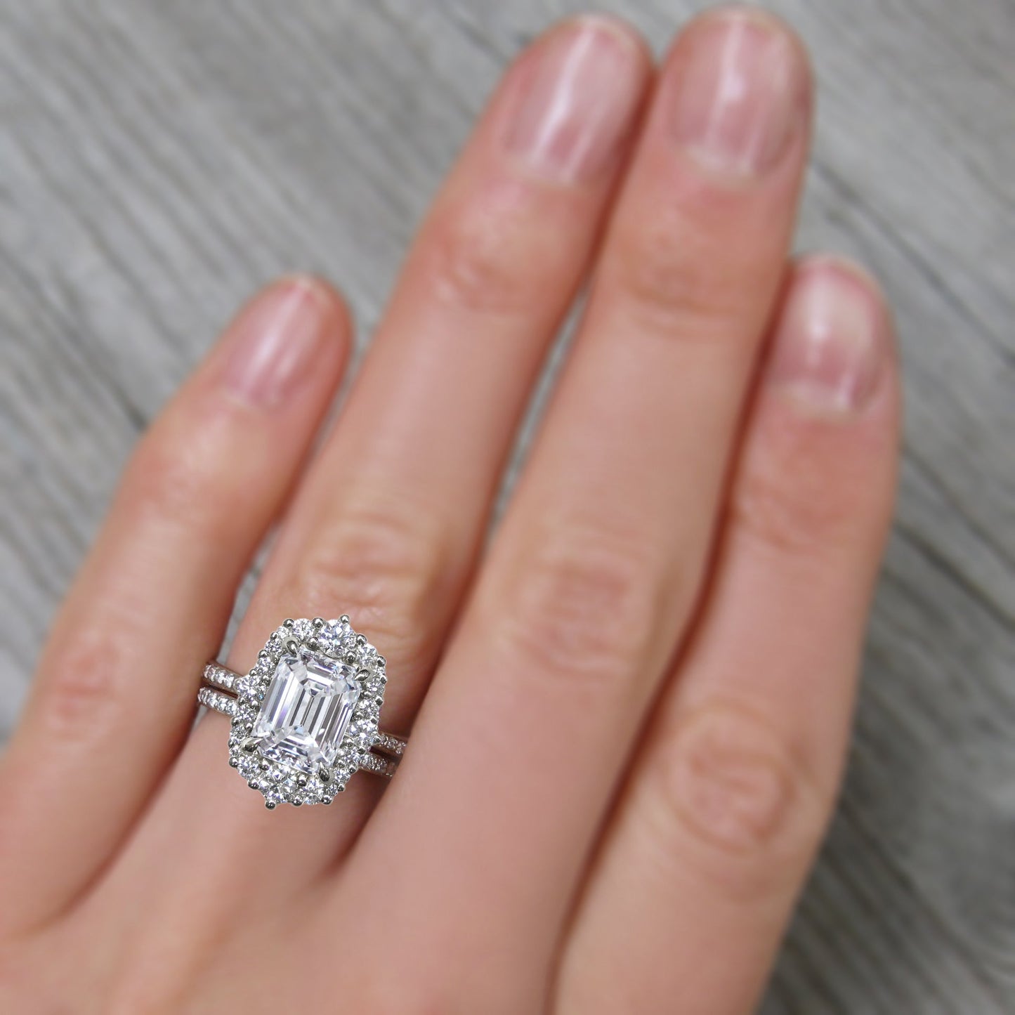 ・ADELINE・Emerald Cut Lab-Grown Diamond Center, Diamond Halo (2.37ctw+)