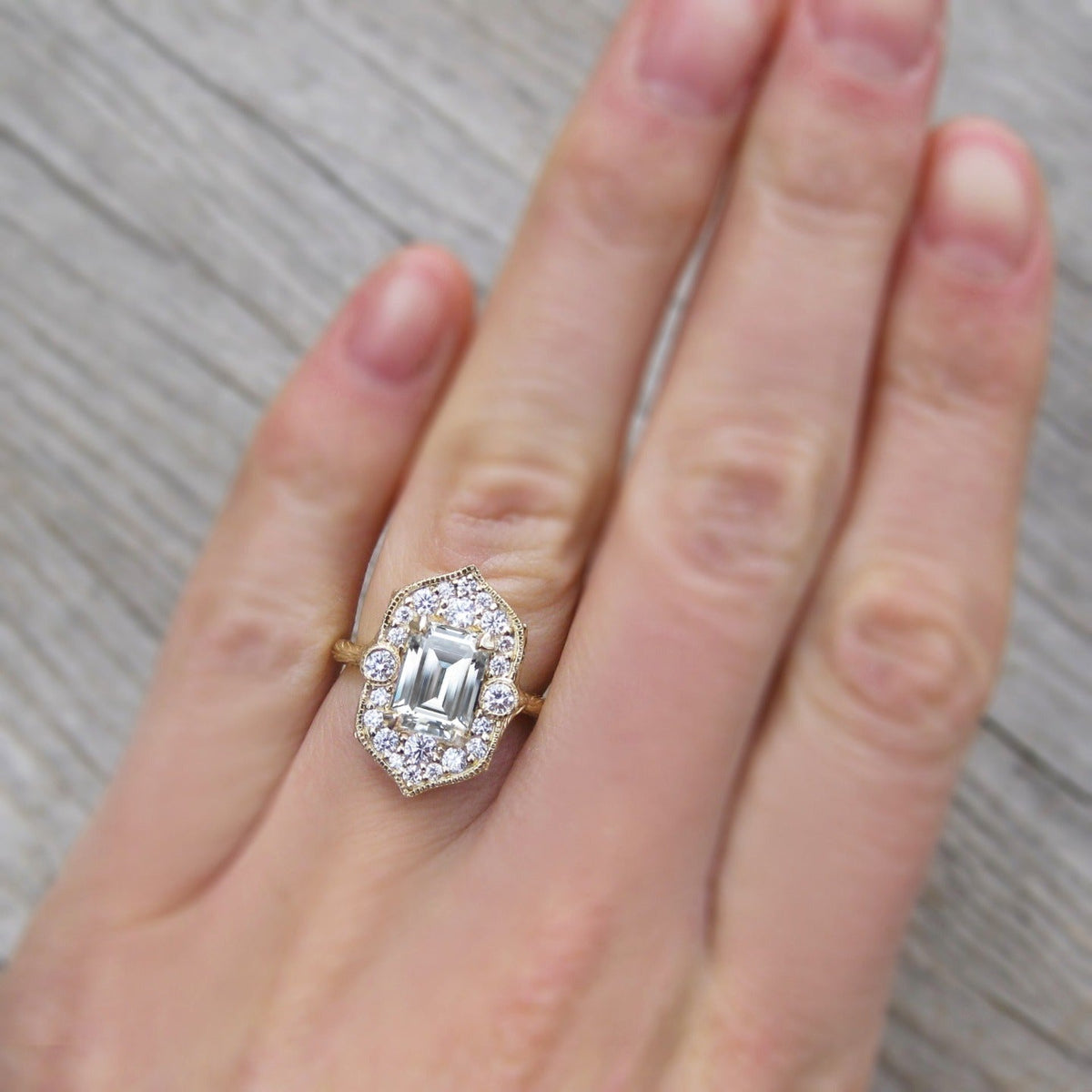 ・ESTELLA・Emerald Cut Moissanite Center, Diamond Halo (2.30ct)