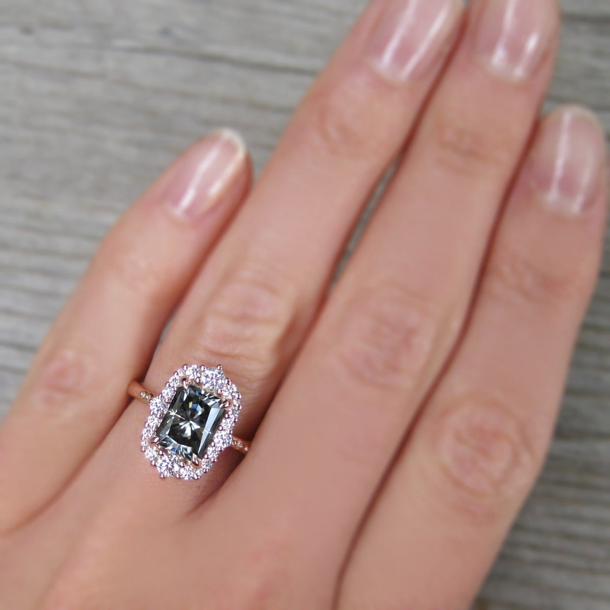 ・ADELINE・Radiant Iconic™ Grey Moissanite Center, Diamond Halo (2.21ctw+)