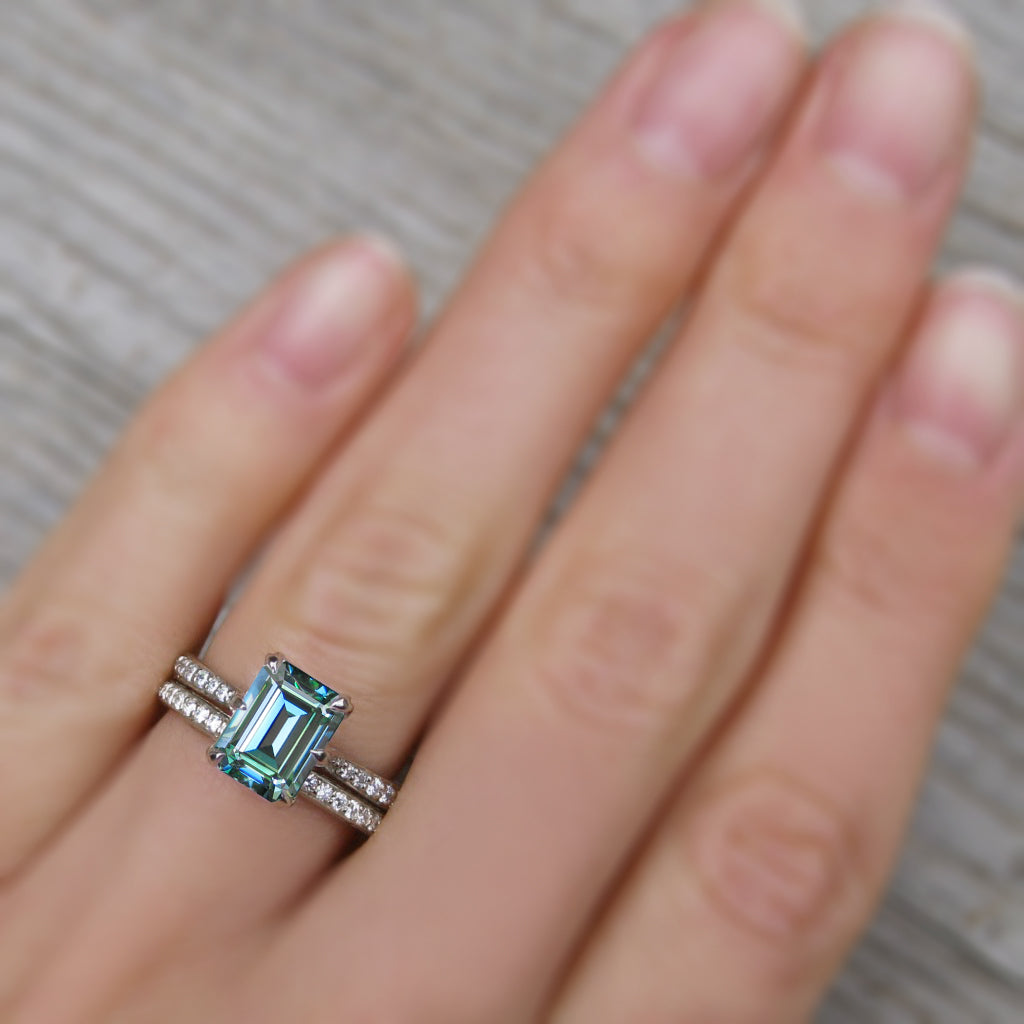 ・NAOMI・Emerald Cut Aqua-Teal Iconic™ Moissanite, Twig Textured Diamond Band (1.75ct Center)