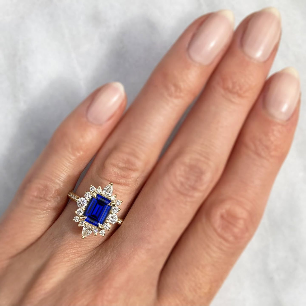 ・TALIA・Emerald Cut Blue Sapphire Center, Diamond Halo (2.68ctw+)