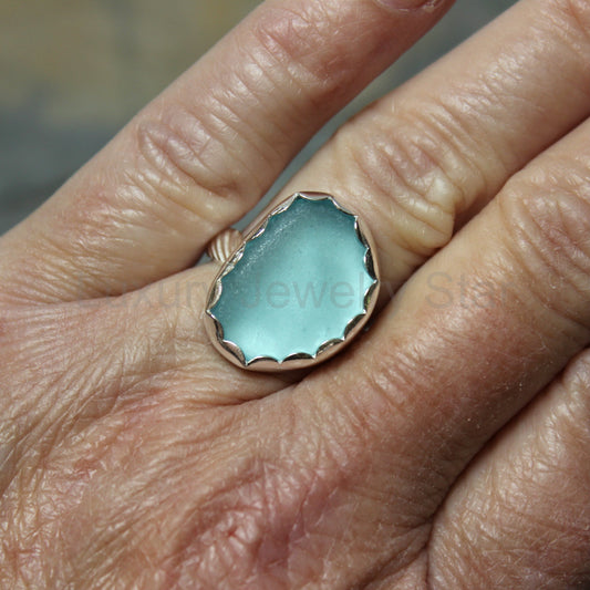 Aqua Turquoise Blue Sea Glass Ring • Handmade Sterling Silver Beach Jewelry • Gift for Her - image 2