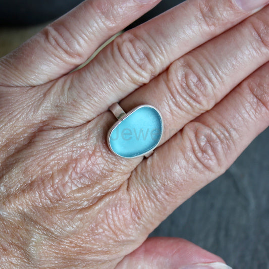 Aqua Turquoise Blue Sea Glass Ring | Handmade | Sterling Silver | Size 8 1/2 - image 2