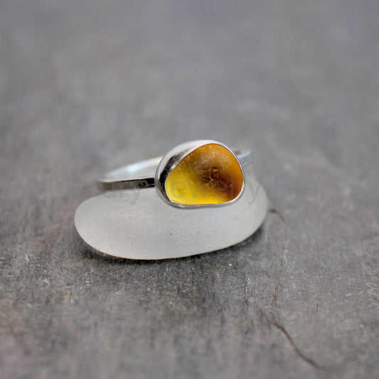 Golden Mustard Yellow Sea Glass Ring | Handmade | Sterling Silver | Size 8.5 - image 2