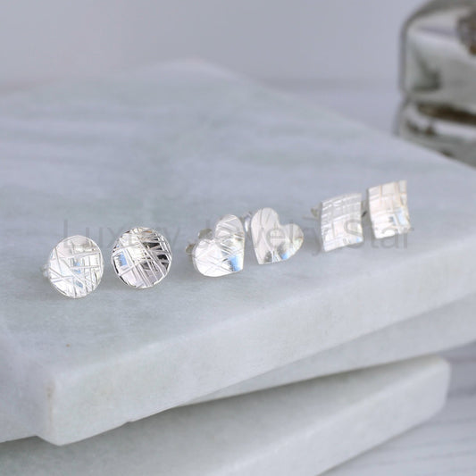 Textured silver stud earrings - round, heart or square - image 2