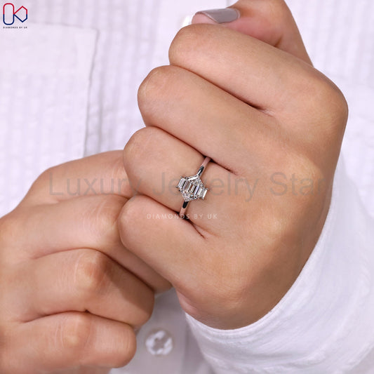 Hexagon Cut East West Diamond Ring In White Gold - image 2