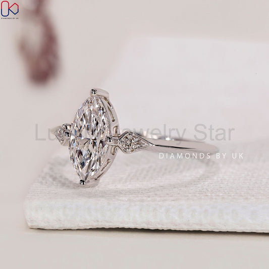 Marquise and Round Diamond engagement Ring In White Gold - image 2