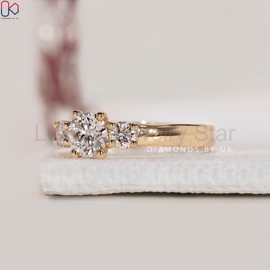 Yellow Gold Three Stone Round Diamond Ring - image 2