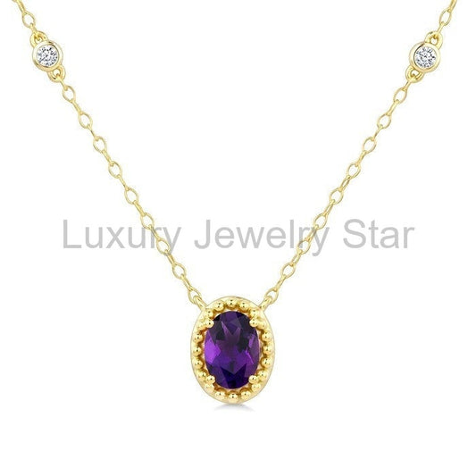 Bead Bijoux Oval Shape Gemstone & Halo Diamond Station Necklace - image 2