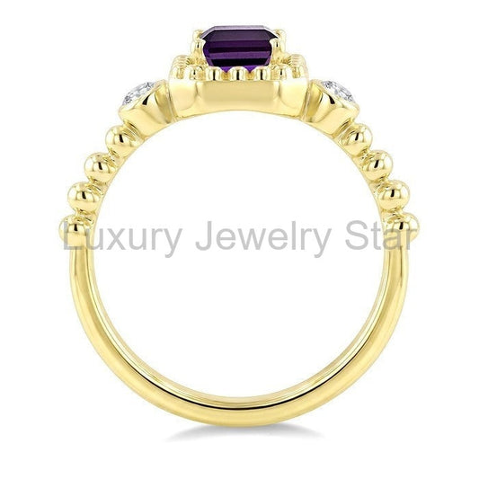 Bead Emerald Shape Gemstone & Diamond Ring - image 2