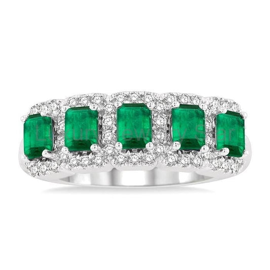 Emerald Shape 5 Gemstone & Halo Diamond Wedding Band - image 2