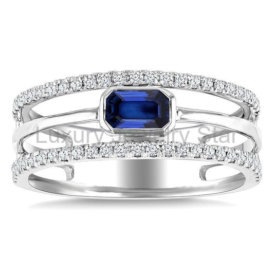 Emerald Shape East-West Gemstone & Diamond Ring - image 2