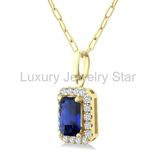 Emerald Shape Gemstone & Halo Diamond Pendant