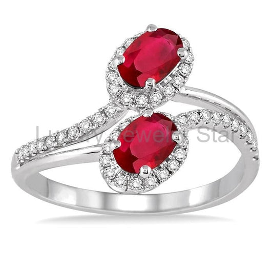 Oval Shape 2 Gemstone & Halo Diamond Fashion Ring - image 2