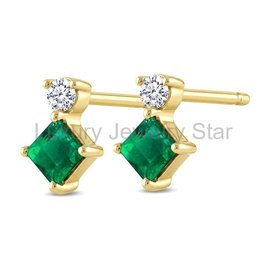 Princess Shape Gemstone & Petite Diamond Earrings - image 2