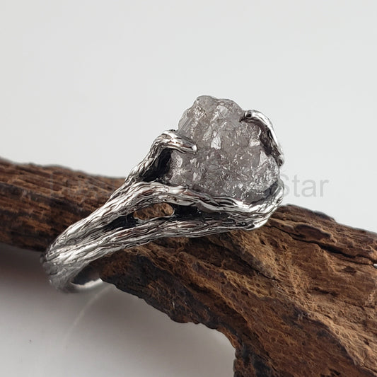 Raw Diamond Twig Engagement Ring - Handcrafted White Gold Antiqued Rustic - image 2