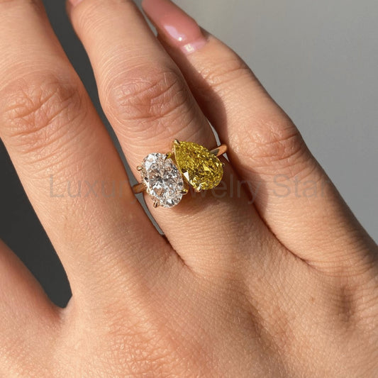 2.25 Carat Oval Diamond & Pear Cut Intense Yellow Diamond Toi Et Moi Two Stone Ring - image 2