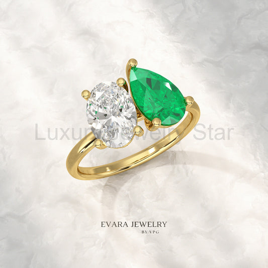 2.30 Carat Oval Cut Diamond & Pear Cut Emerald Toi Et Moi Two Stone Ring - image 2