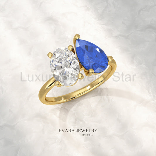2.40 Carat Oval Cut Diamond & Pear Cut Blue Sapphire Toi Et Moi Two Stone Ring - image 2