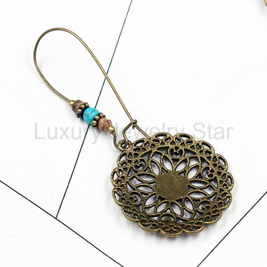 Buddha Stones Round Flower Design Luck Dangle Drop Earrings - image 2
