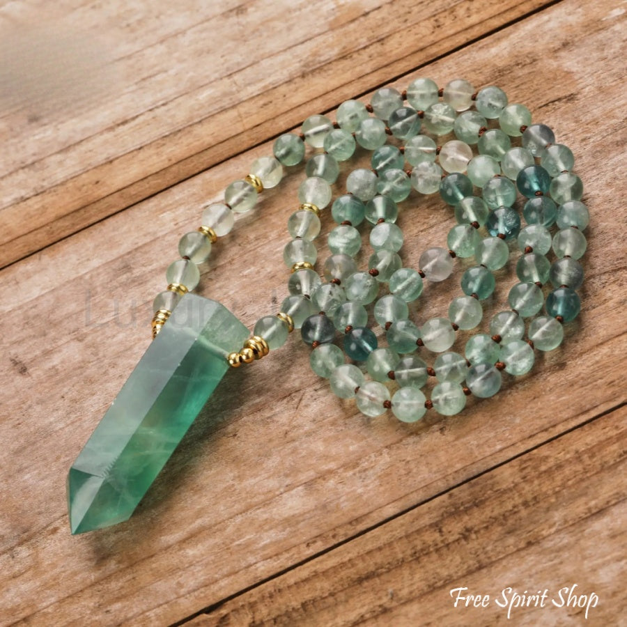 108 Natural Green Fluorite Wandpoint Beaded Necklace - image 10