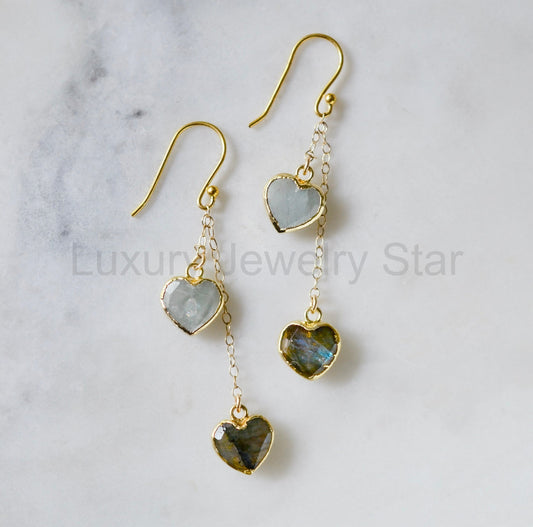 Duo Hearts Earrings: Labradorite & Aquamarine - image 2