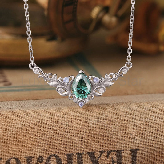 Pear Green Moissanite With Moonstone Leaf And Vine Inspired Necklace | GemsMagic - image 2