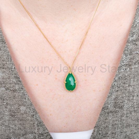 Emerald Teardrop Pendant Necklace - image 2