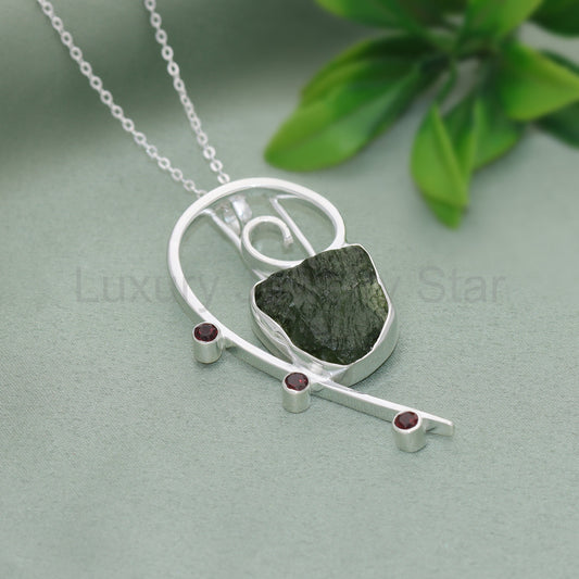 Raw Moldavite Pendant, 925 Sterling Silver, Handmade Silver Jewelry, Garnet Pendant - image 2