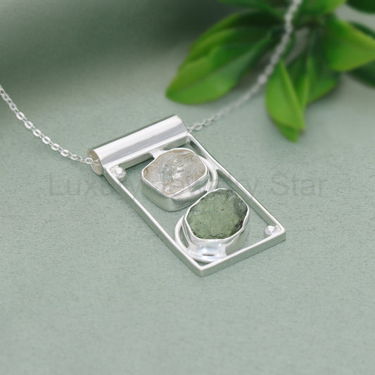 Raw Moldavite Pendant, 925 Sterling Silver, Herkimer Diamond Jewelry, Natural Gemstone - image 2