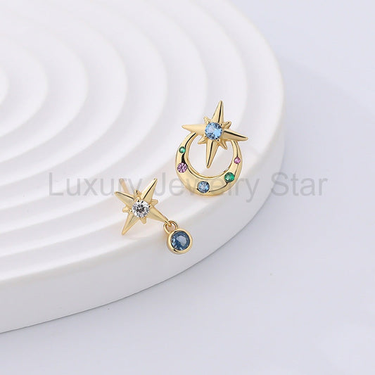 925 Sterling Silver Asymmetrical Eight-Pointed Star Earrings - image 2