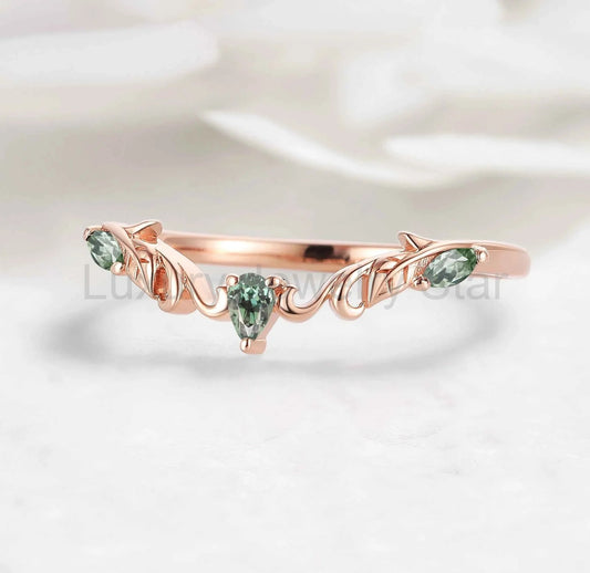 Nature Inspired V-Shaped Natural Green Sapphire Leaf & Vine Wedding Band - Elena