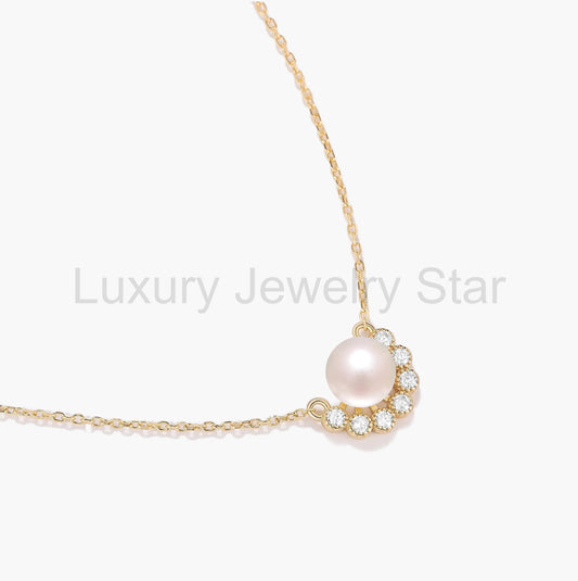 Pearl Necklace with Half-Halo Moissanite Accents - Isolde - image 2