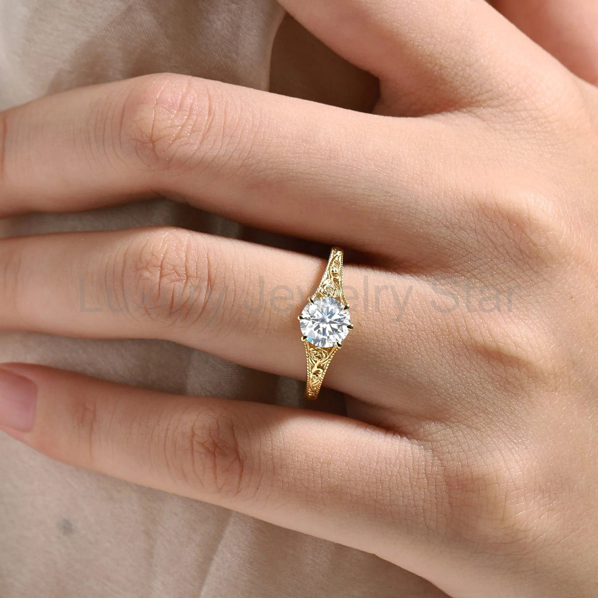 Round Cut Moissanite Vintage Engagement Ring With Rose - image 5