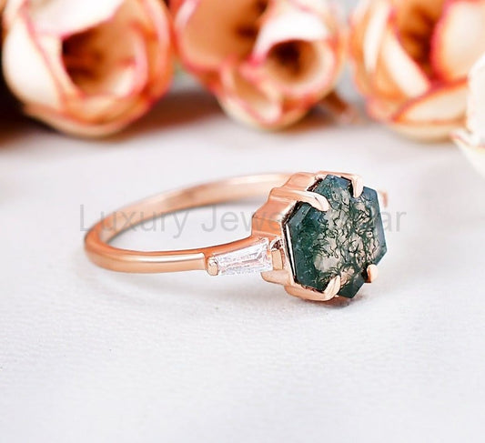 Vintage Hexagon Moss Agate Ring With Moissanite Gemstone - image 2