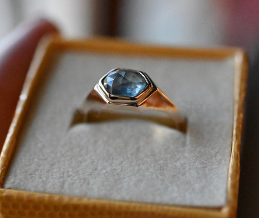 14k Gold Hexagon Blue Rose Cut Sapphire Signet Ring - size 7.75 - image 2