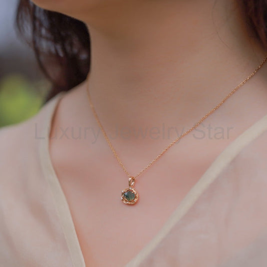 Lagoon - Oval Cut Moss Agate Vintage Pendant - image 2
