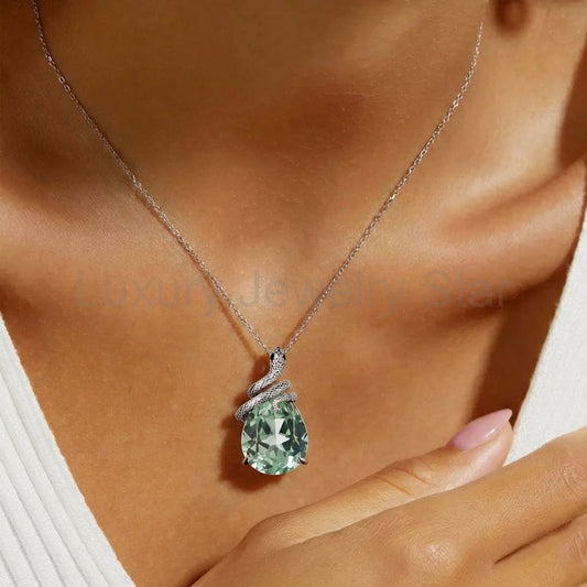Pear Cut Lab Green Sapphire Mystical Serpent Carved Nature Inspired Necklace - Serpens - image 2