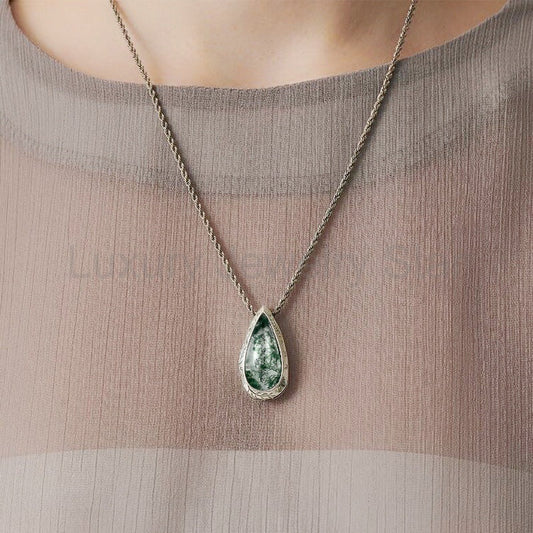 Pear Cut Moss Agate Gothic Textured Pendant Necklace For Girlfriend - "Verdant Droplet" - image 2