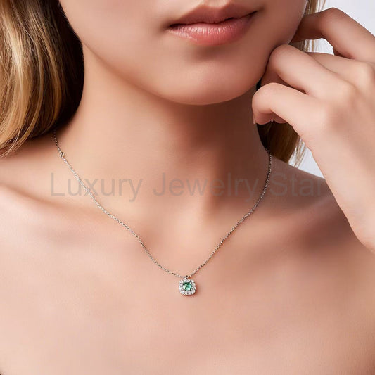 Tala - Round Cut Green Moissanite Halo Necklace - image 2