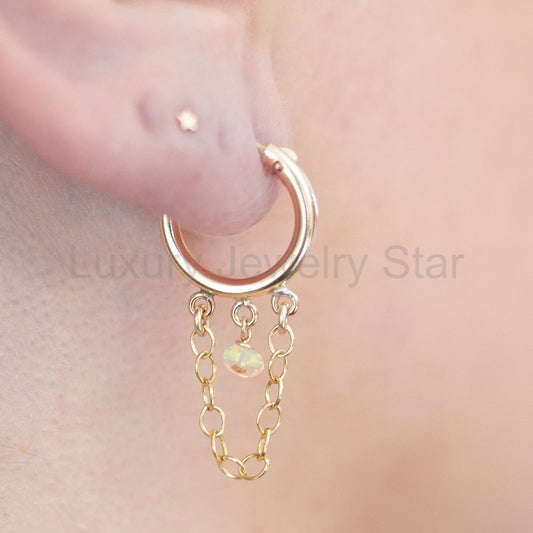 Opal Gemstone And Chain Drop Hoop Earrings in 14 karat Gold fill / READY TO SHIP - image 2