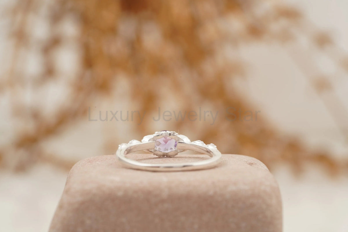 Round Cut Alexandrite 18k White Gold Dainty Engagement Ring - image 9